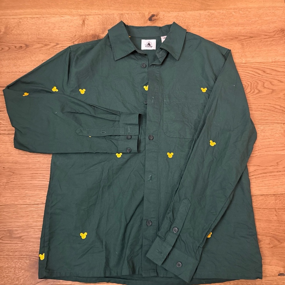Disney Mickey Mouse Embroidered Button Down Shirt Green Yellow Icons Men’s XL